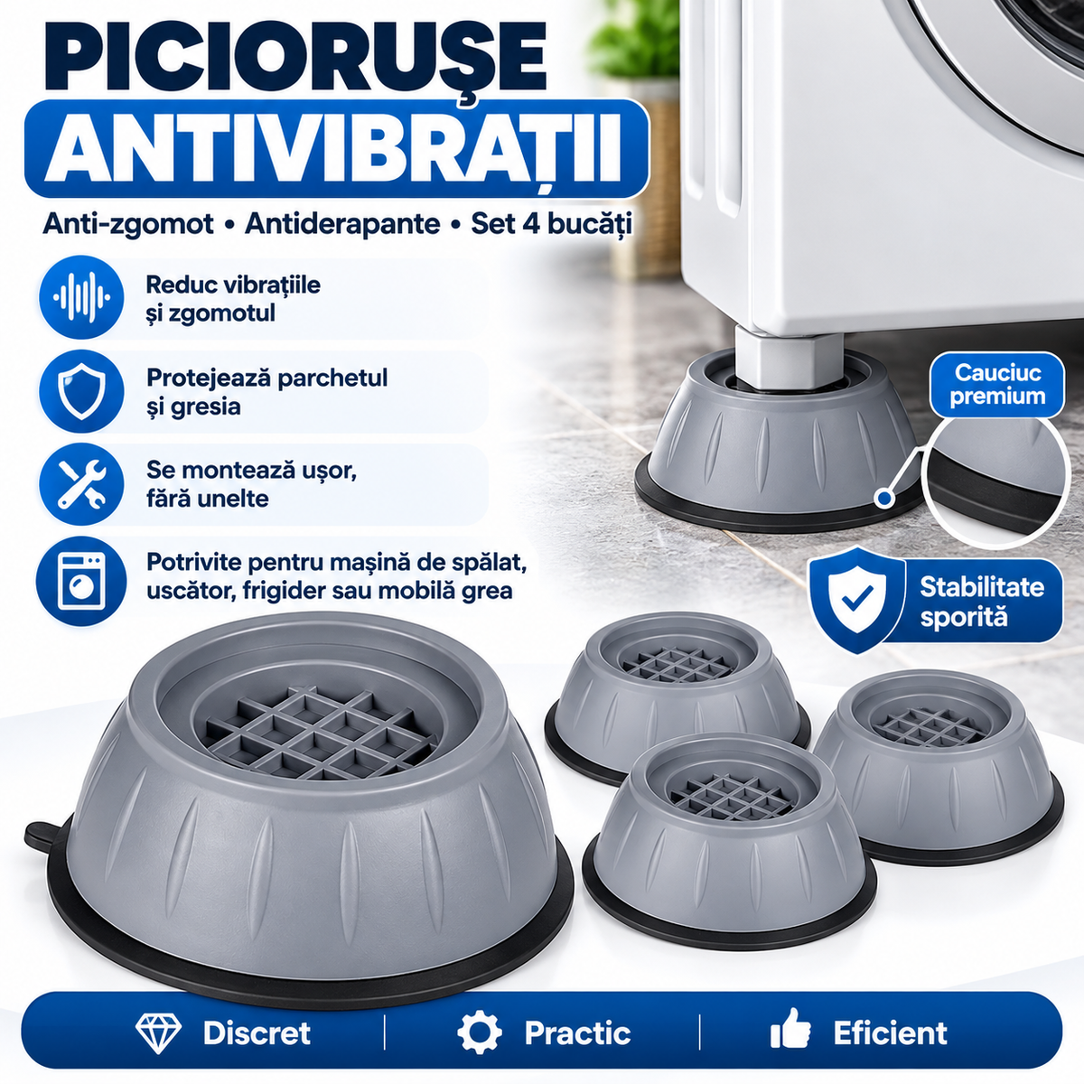 Set 4 Piciorușe Antivibrații, Antizgomot & Antiderapante - VibraStop™