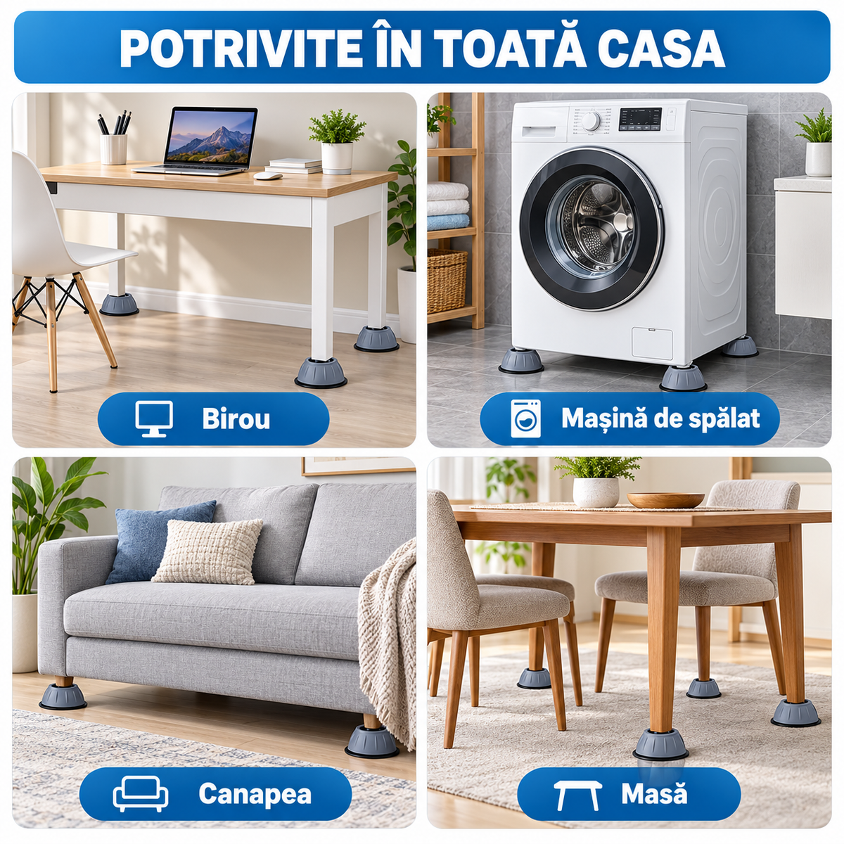 Set 4 Piciorușe Antivibrații, Antizgomot & Antiderapante - VibraStop™